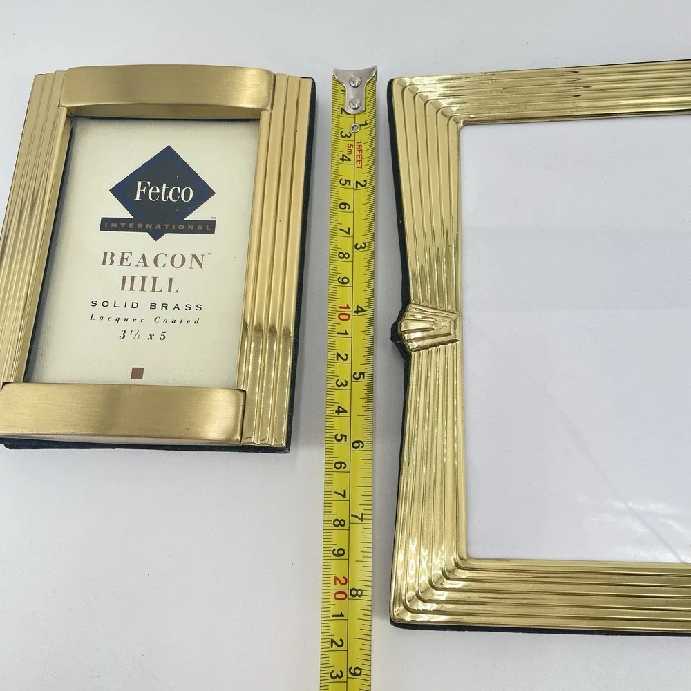 2 Solid Brass Picture Frames Tabletop Stepped Ribbed Art Deco Inspired